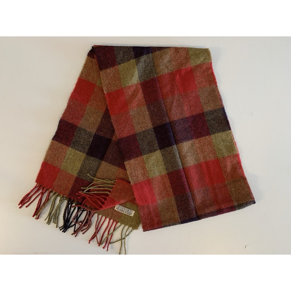 Vintage 90s Foxford Lambswool Scarf Multi-Check Herringbone Red Brown Ireland
